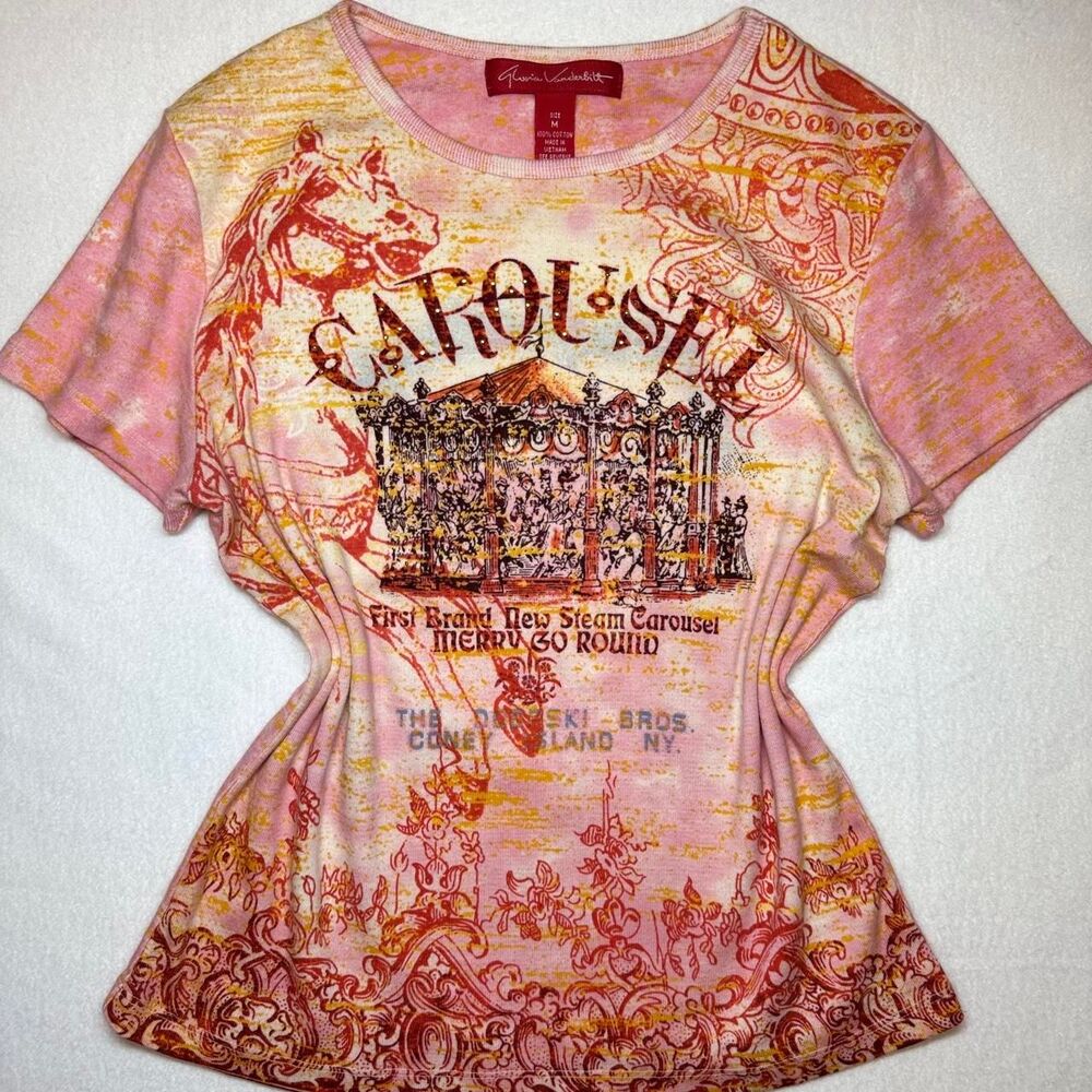 vintage y2k gloria vanderbilt rhinestone carousel pink graphic tshirt size mediu